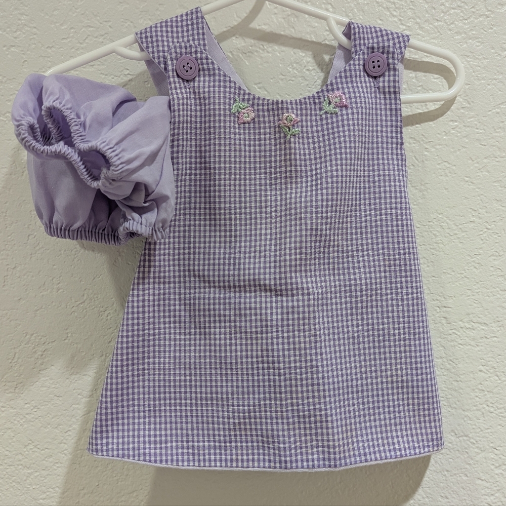 Vintage Baby / Toddler Girl Purple Gingham Set With Flowers Size 2T